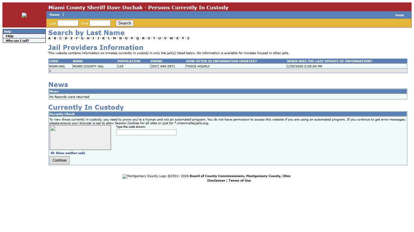 Miami County Sheriff Dave Duchak - Persons Currently In Custody